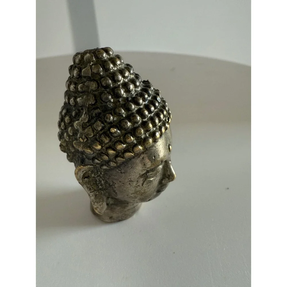 Vintage Metal Buddha Head Figurine Antiqued Silver Gold Tone Decorative Bust